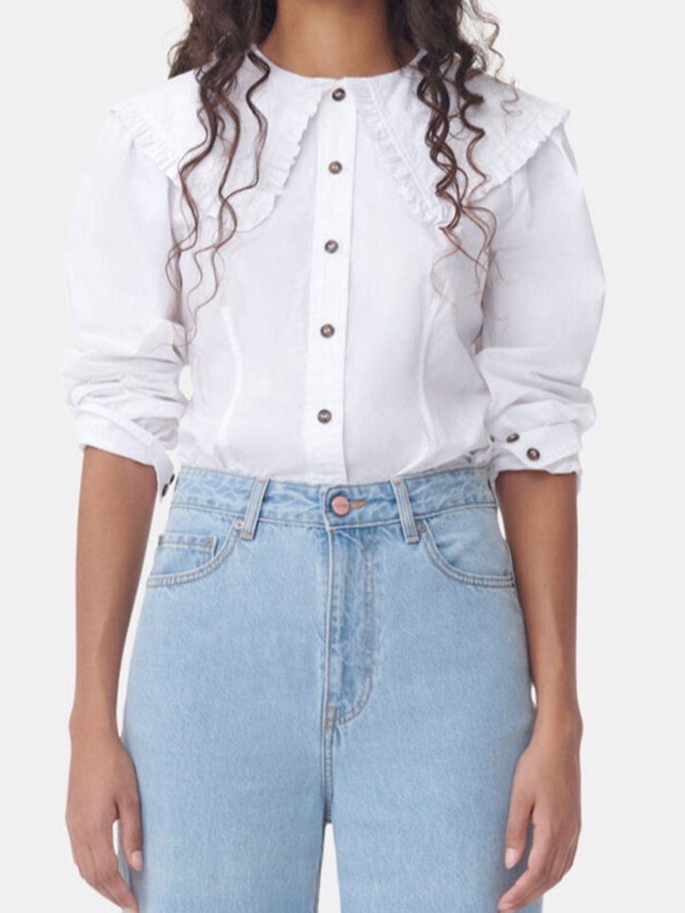 Ganni White Ruffled Collar Button-Up Blouse